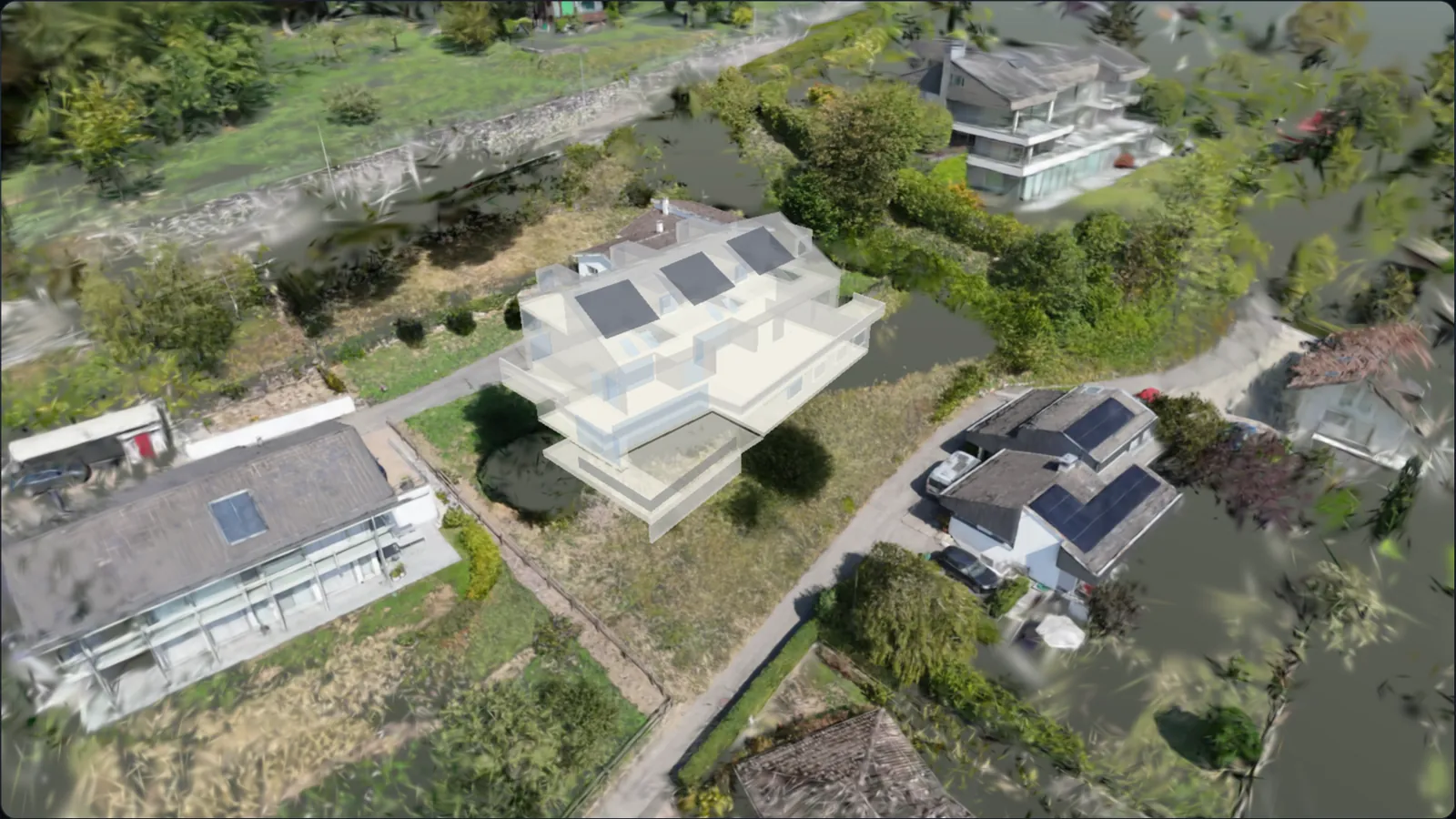Vue 3D du terrain de la parcelle 3331 à Chardonne, au-dessus du Léman : la pente, les maisons voisines, les arbres et, en transparence, le volume du projet.