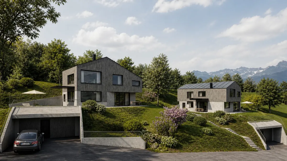 Rendu 3D extérieur d'une résidence dans son terrain.